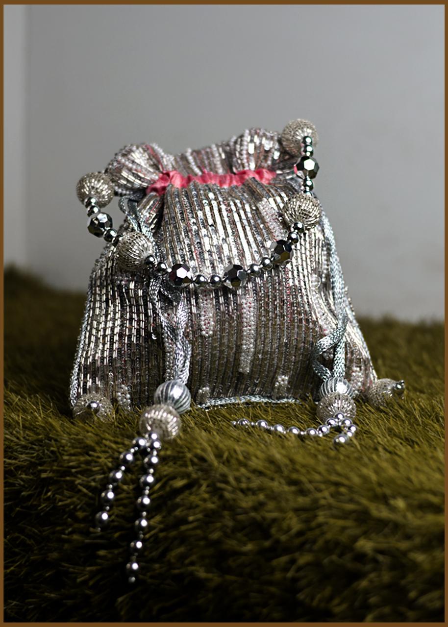 Silver Sequin Potli Bag with Beaded Handle