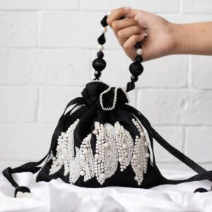 Black Satin Potli Bag with White Pearl Leaf Embellishment