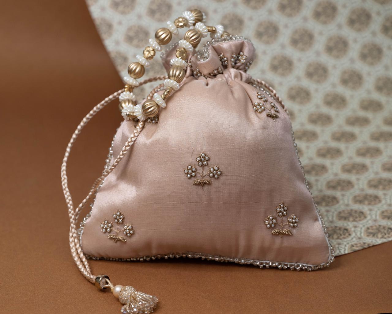 Silk/Satin Potli Bag with Floral Bead Embroidery - Image 2