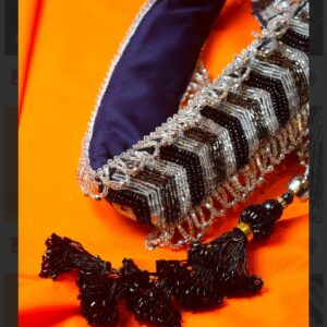 Black Satin Potli Bag with Silver Geometric Beadwork