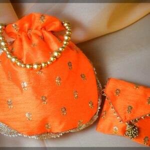 Orange Silk Potli Bag and Envelope Pouch Set with Gold Floral Embroidery