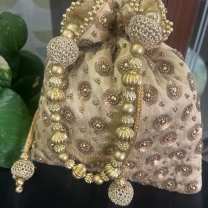 Champagne Gold Silk Potli Bag with Zari, Sequin & Bead Embellishment