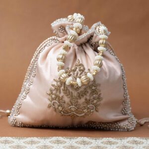 Blush Pink Satin Potli Bag with Floral Zari Embroidery