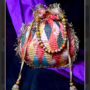 Multicolor Silk Potli Bag with Quilted Chevron Patchwork and Beaded Handle