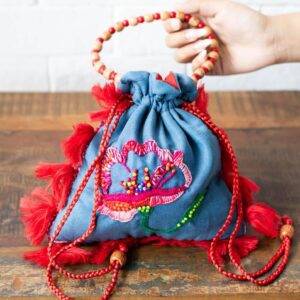 Blue Cotton Potli Bag with Floral Embroidery and Beaded Handle