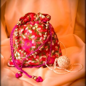 Pink Silk Potli Bag with Floral Embroidery and Beaded Handle