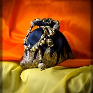 Navy Blue Silk Potli Bag with Gold Beaded Embroidery