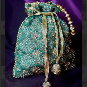 Teal Silk Potli Bag with Gold Zari Embroidery and Pearl Tassels