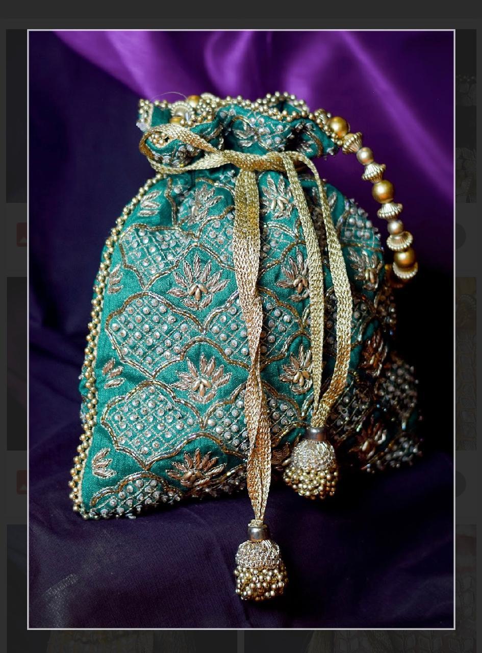 Teal Silk Potli Bag with Gold Zari Embroidery and Pearl Tassels