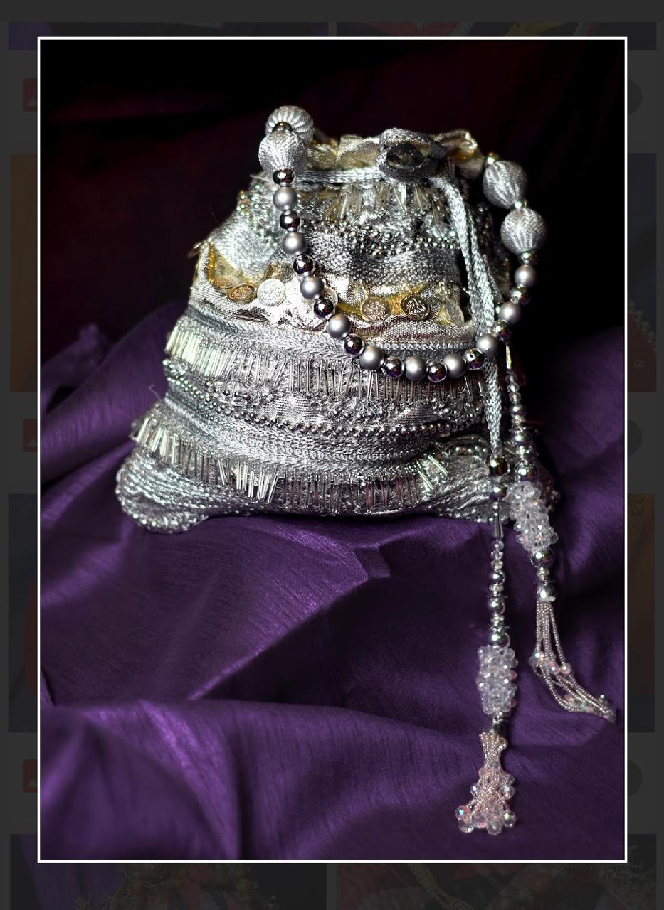 Silver Gota Lace Potli with matching Silver Beads Handle