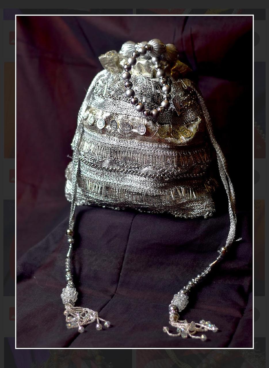 Silver Gota Lace Potli with matching Silver Beads Handle - Image 2