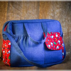 Blue Denim Shoulder Handbag with Cartoon Print Contrast Pockets