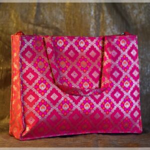 Pink Silk Brocade Tote Bag with Diamond Floral Woven Motifs