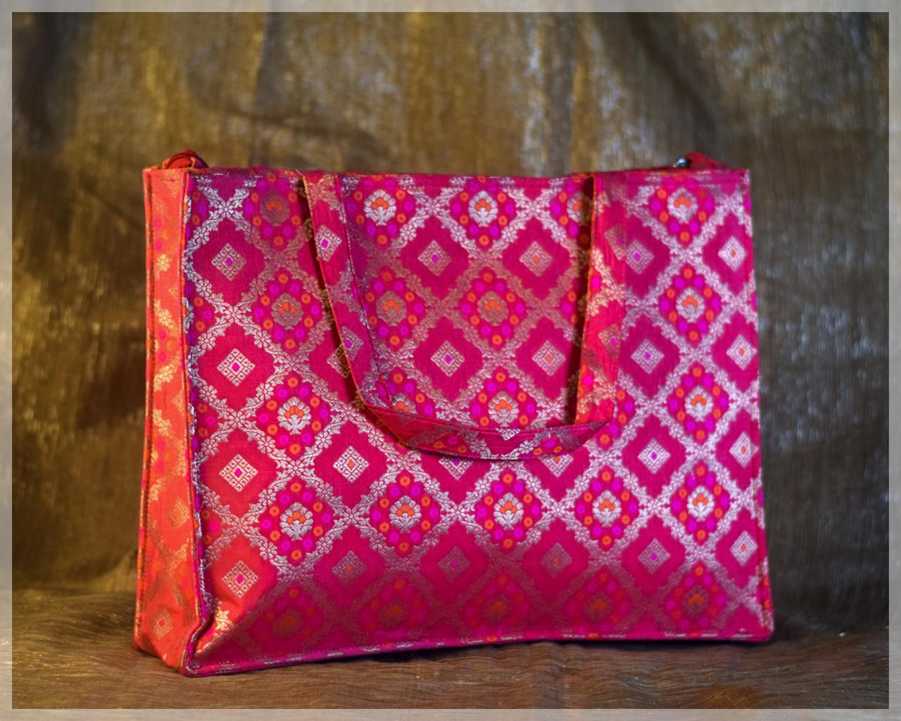 Pink Silk Brocade Tote Bag with Diamond Floral Woven Motifs