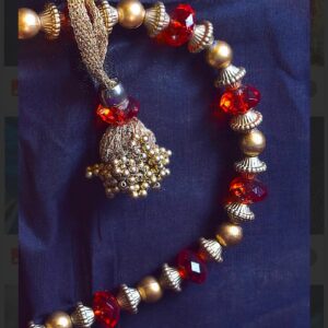 Gold Beaded Latkan with Red Crystal and Pearl Tassel