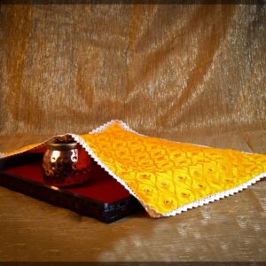 Yellow Silk Table Runner with Floral Embroidery and Lace Border